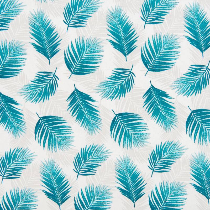 Coton écru motif feuilles tropicales bleu canard et gris clair