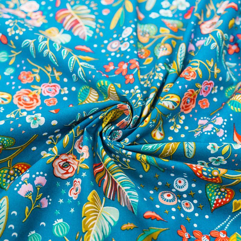 Coton bleu motif  fleur  multicolore 