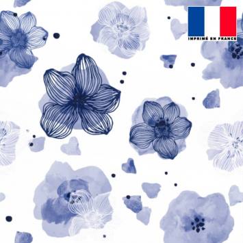 Mousseline écrue motif fleur aquarelle bleu lavande