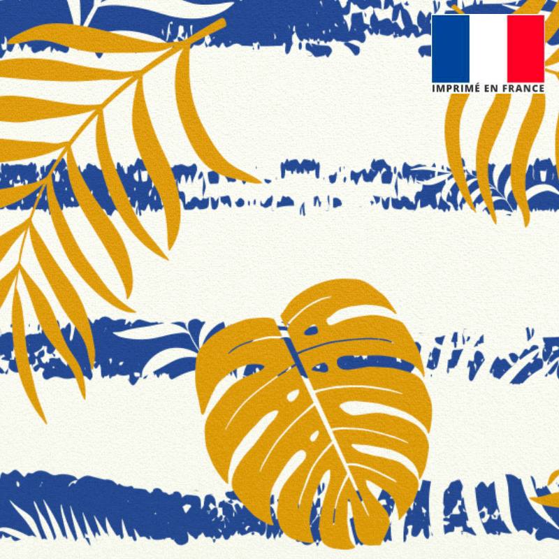 Velours ras écrue motif feuille de palmier jaune et bandes bleues