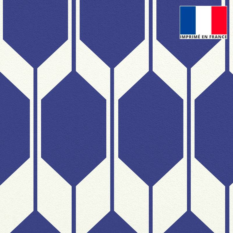 Velours ras écrue motif forme géométrique bleu majorelle