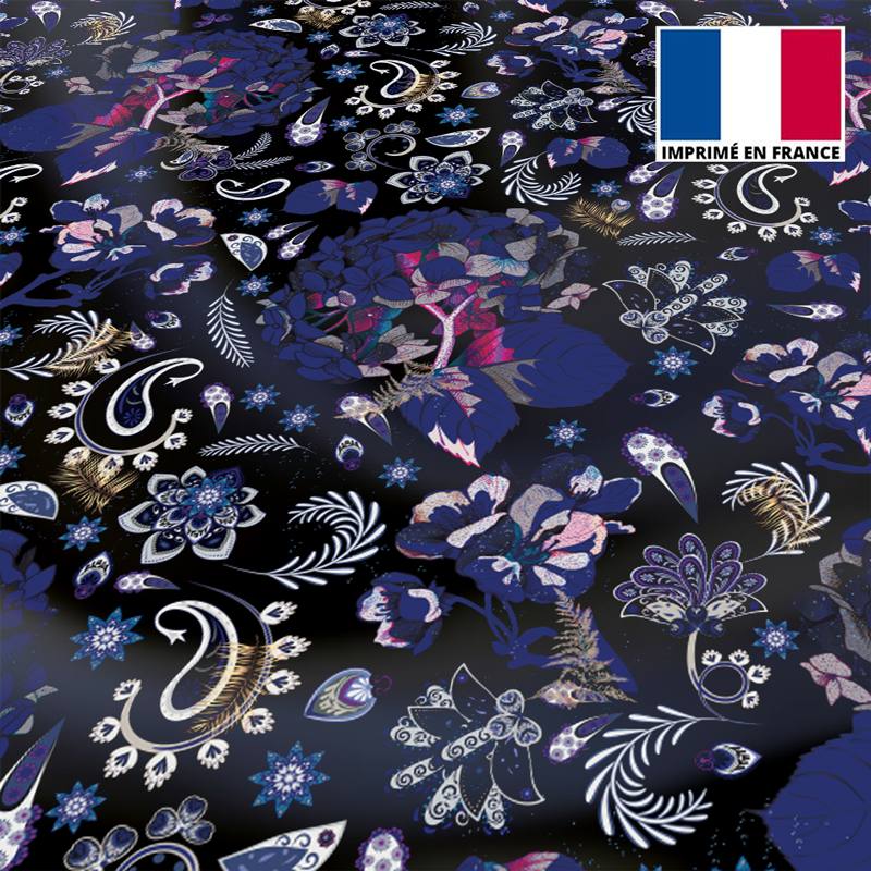 Tissu microfibre noir motif tableau floral