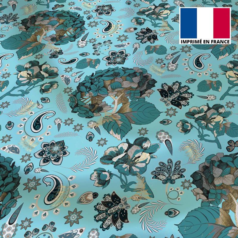 Tissu microfibre bleu ciel motif tableau floral