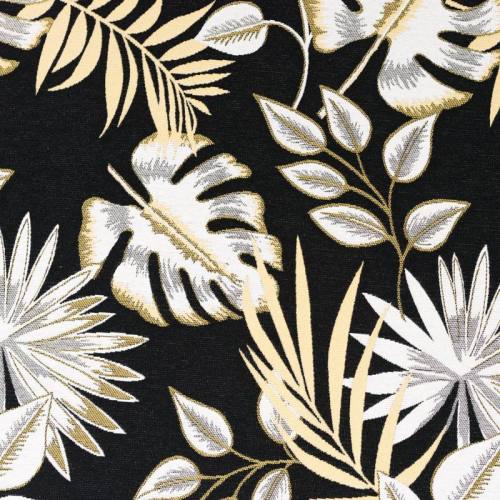 Coupon 50x68 cm - Jacquard noir motif feuilles tropicales jaunes et blanches
