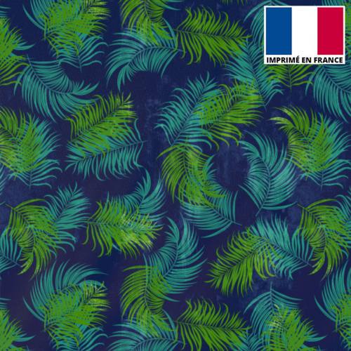 Tissu burlington bleu motif feuilles tropicales vertes
