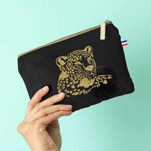 Kit pochette noire motif léopard gold