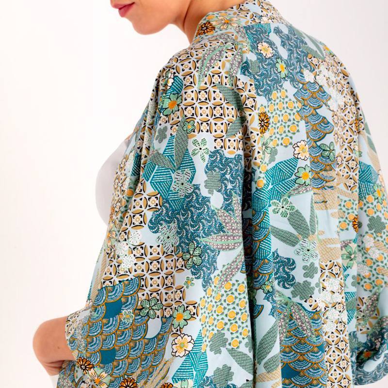 Tissu viscose bleu turquoise motif inspiration japonaise ayo Oeko-tex