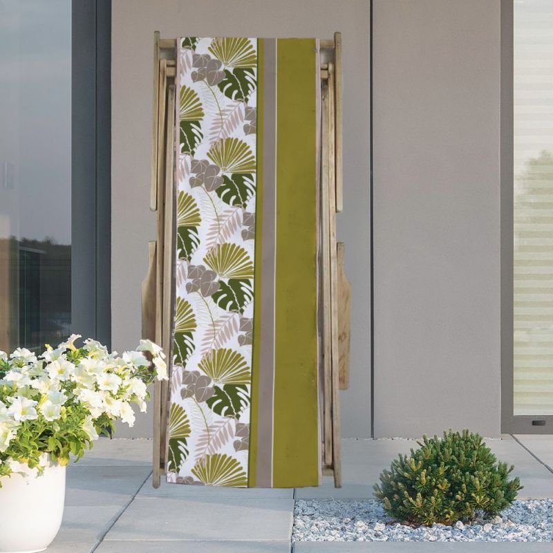 Coupon 45x150 cm tissu imperméable motif palme exotique verte pour transat - Création Marie-Eva
