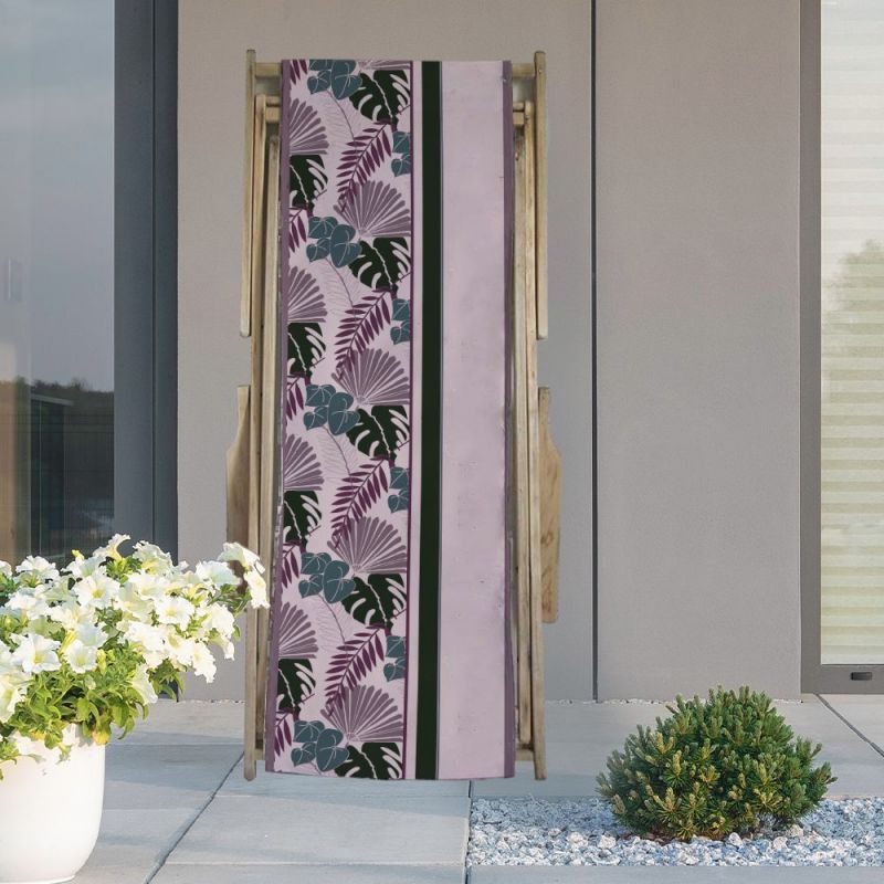 Coupon 45x150 cm tissu imperméable motif palme exotique rose pour transat - Création Marie-Eva