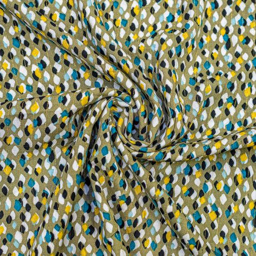 Tissu viscose kaki motif tacheté chally avec fil lurex doré