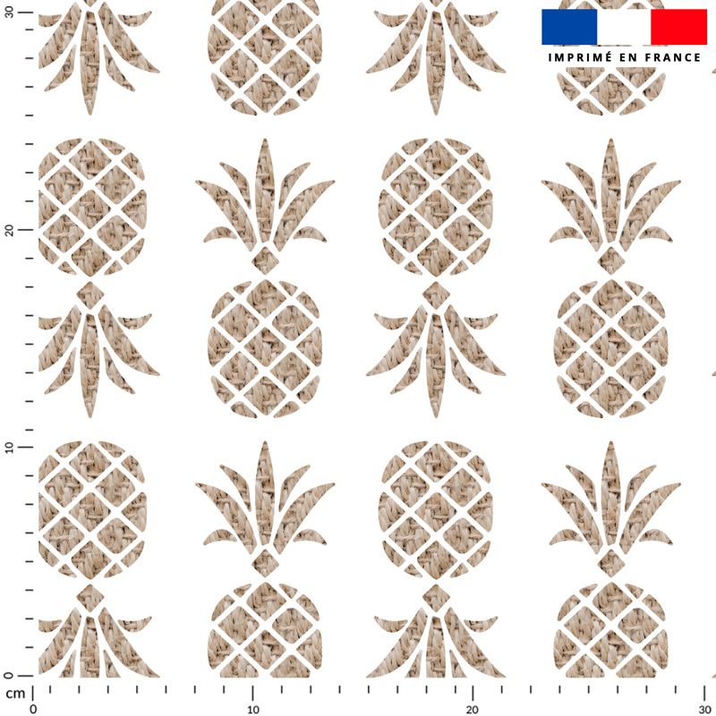 Tissu imperméable écru motif ananas tropical effet rotin