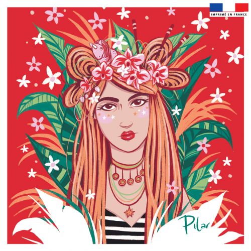 Coupon 45x45 cm rouge motif girl et couronne de fleurs - Création Pilar Berrio