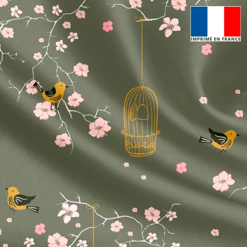 Satin gris motif fleur de cerisier rose et cage à oiseaux