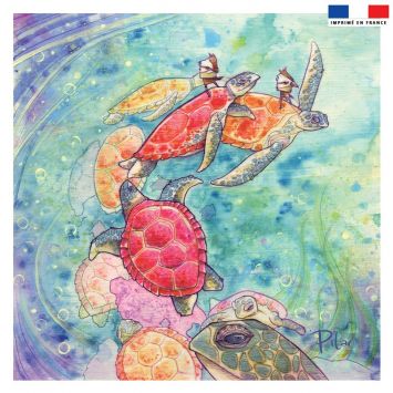 Coupon 45x45 cm vert d'eau motif tortue de mer - Création Pilar Berrio