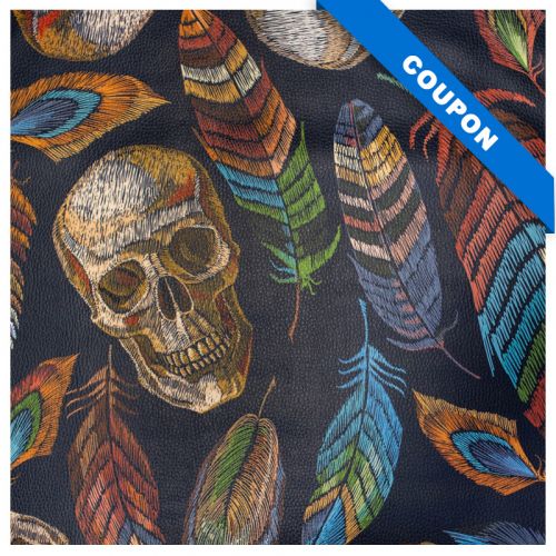 Coupon 50x68 cm - Simili cuir multicolore motif tête de mort effet brodé