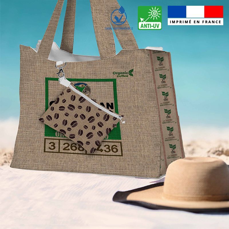 Kit sac de plage imperméable motif café effet jute - Queen size
