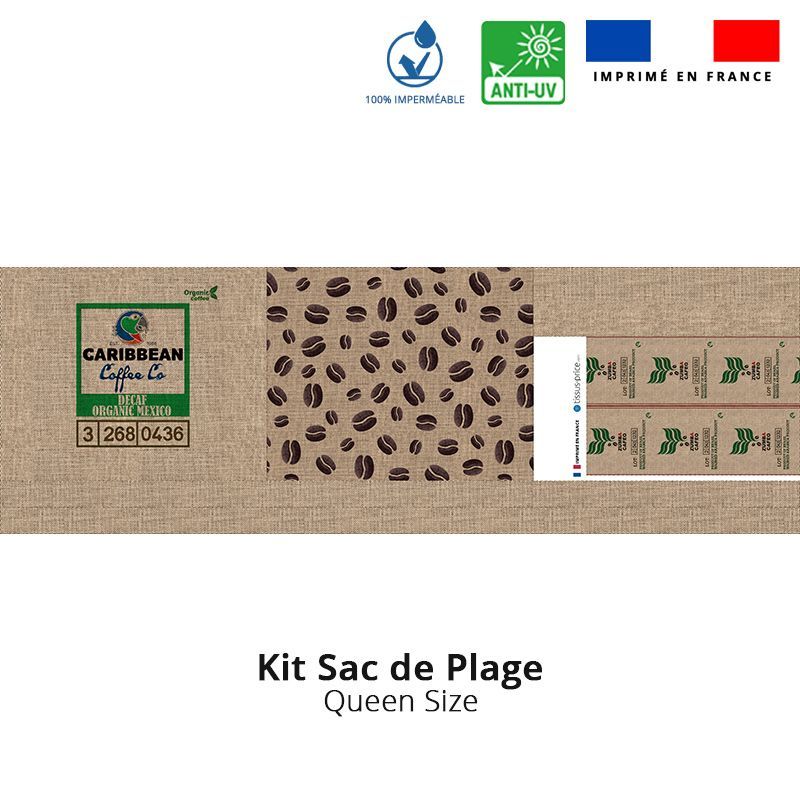 Kit sac de plage imperméable motif café effet jute - Queen size