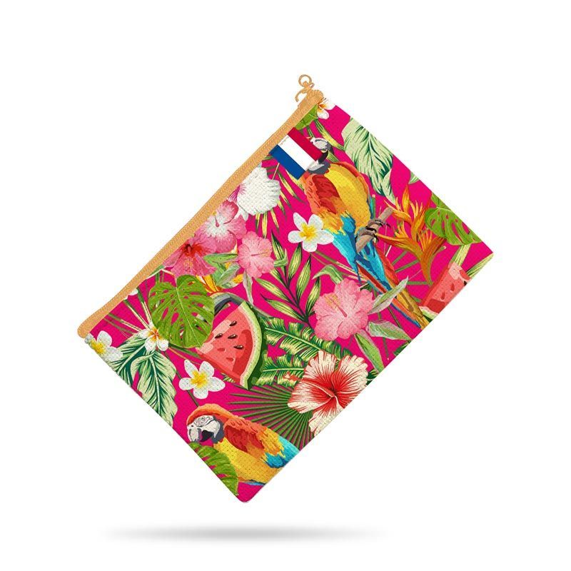 Kit pochette fuchsia motif perroquet exotique