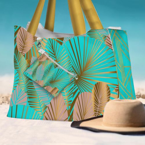 Kit sac de plage imperméable feuilles art déco turquoise et or - King size