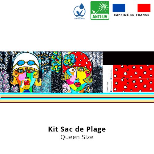 Kit sac de plage imperméable motif femme moderne et fleur colorée - Queen size - Création Razowsky
