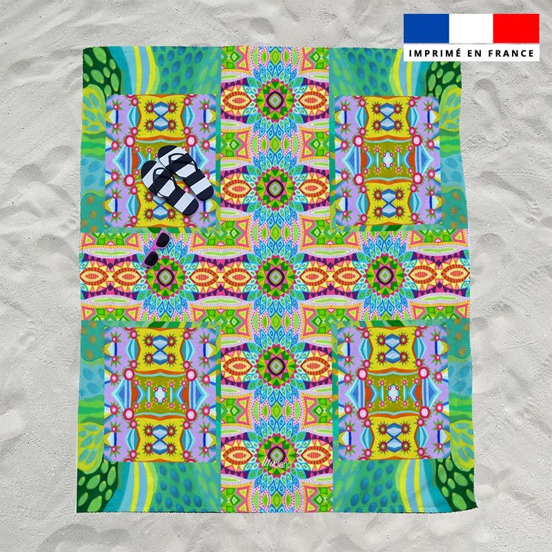 Coupon éponge pour serviette de plage double motif fleur pétales bleus - Création Lita Blanc