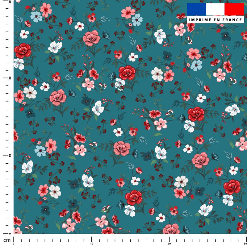 Petites fleurs champêtres rouges - Fond bleu canard