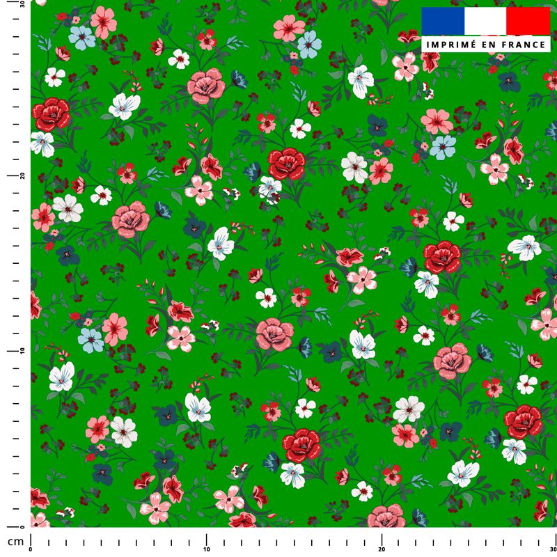 Petites fleurs champêtres rouges - Fond vert foncé