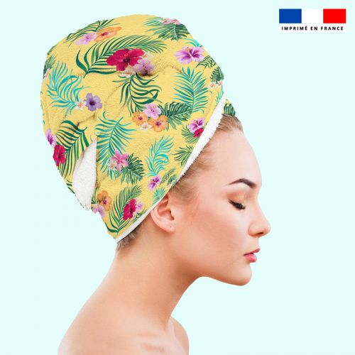Coupon éponge pour serviette turban cheveux motif fleur tropicale jaune
