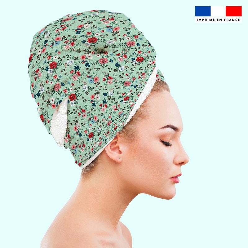 Coupon éponge pour serviette turban cheveux motif petites fleurs champêtres vert