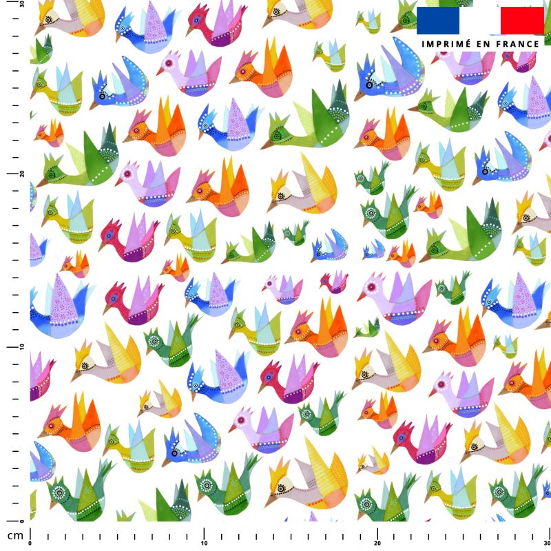 Oiseaux multicolores - Fond blanc - Création Lita Blanc