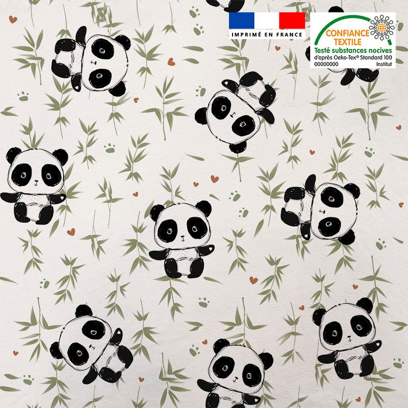 Tissu minky blanc motif panda et bambou vert