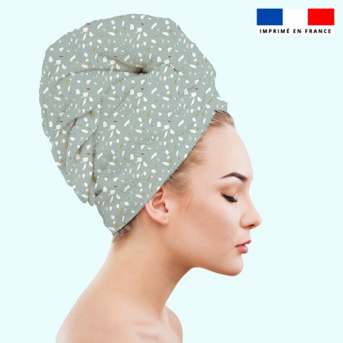 Coupon éponge pour serviette turban cheveux motif tiles vert - Création Anne Clmt