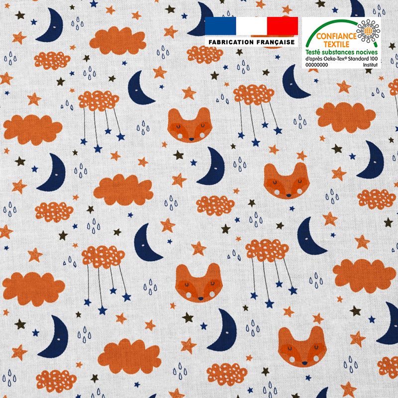 Popeline de coton blanche peigné motif renard nuage étoile