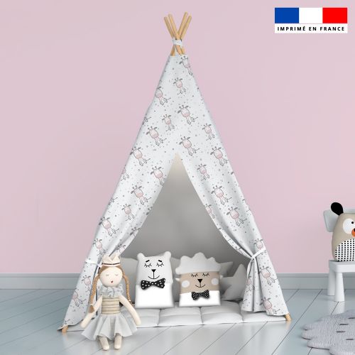 Popeline de coton mercerisé blanche motif girafe baby rose et grise Oeko-tex