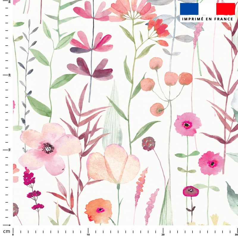 Tissu Fleuri : Fleur rose aquarelle - Fond blanc - Tissus Price Matière  Burlington 170 gr/m² - 146 cm Matière Burlington 170 gr/m² - 146 cm
