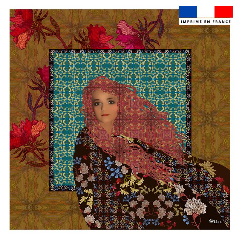 Coupon 45x45 cm motif portrait et fleur rouge - Création Lita Blanc