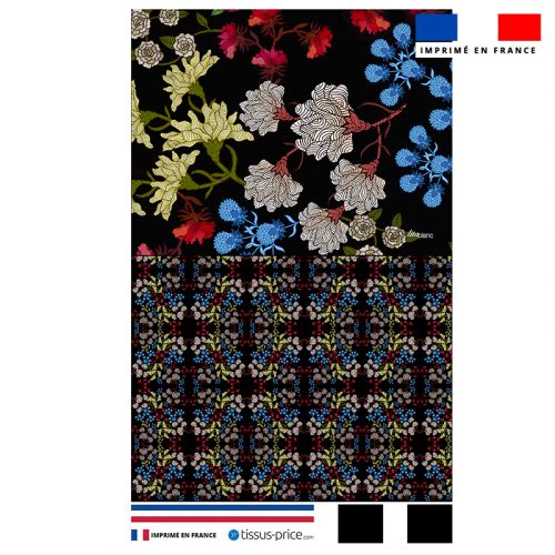 Kit pochette noir motif grosses fleurs multicolores - Création Lita Blanc