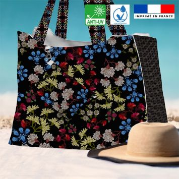 Kit sac de plage imperméable noir motif grosses fleurs multicolores - King size - Création Lita Blanc