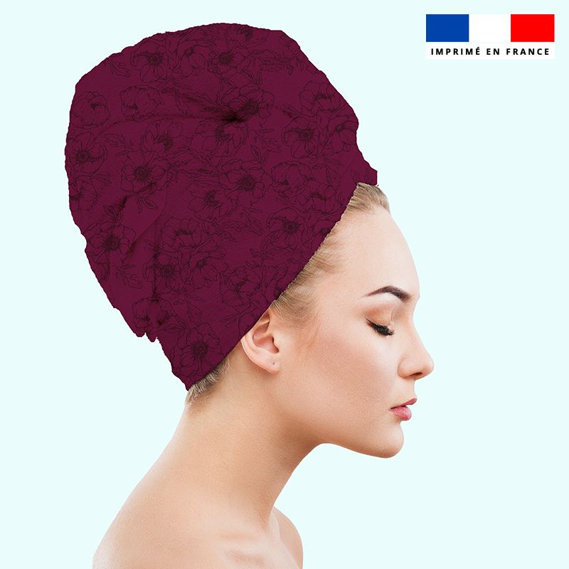 Coupon éponge pour serviette turban cheveux bordeaux motif fleur noire - Création Anne Clmt