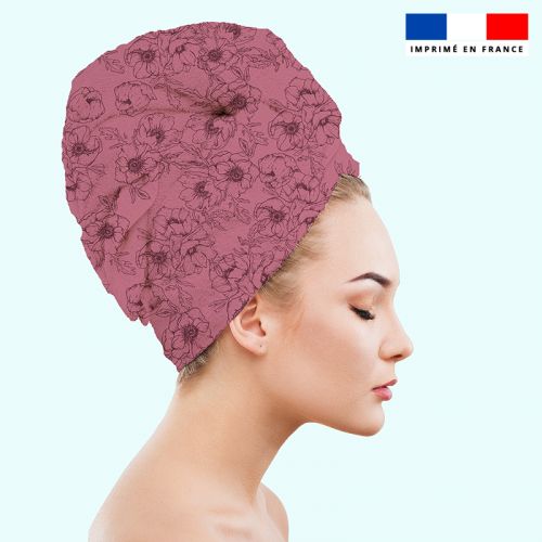 Coupon éponge pour serviette turban cheveux rose motif fleur noire - Création Anne Clmt