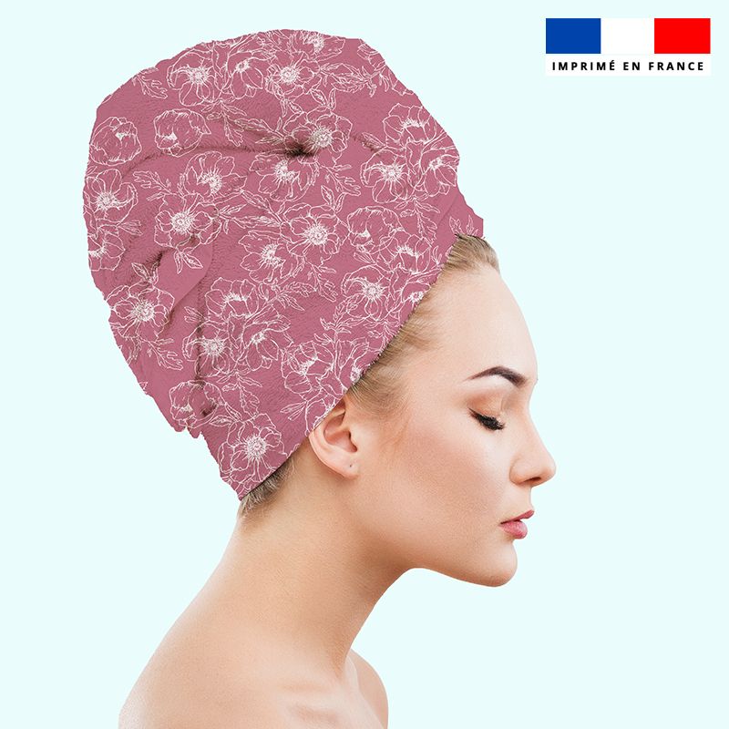 Coupon éponge pour serviette turban cheveux rose motif fleur blanche - Création Anne Clmt