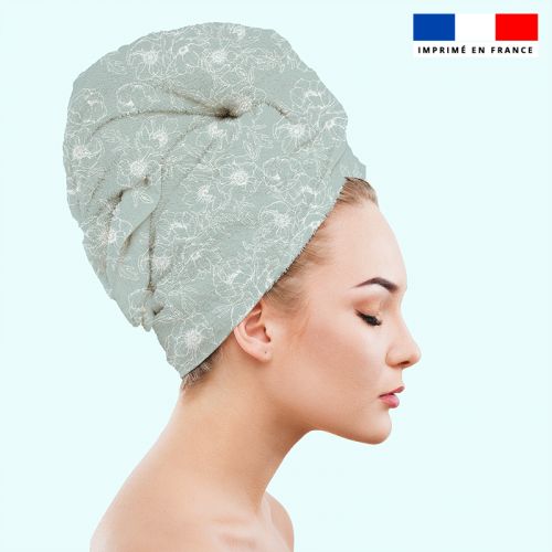 Coupon éponge pour serviette turban cheveux vert motif fleur blanche - Création Anne Clmt