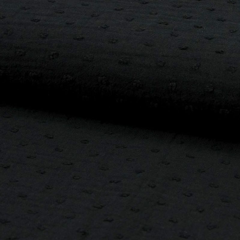 Tissu double gaze de coton noire plumetis