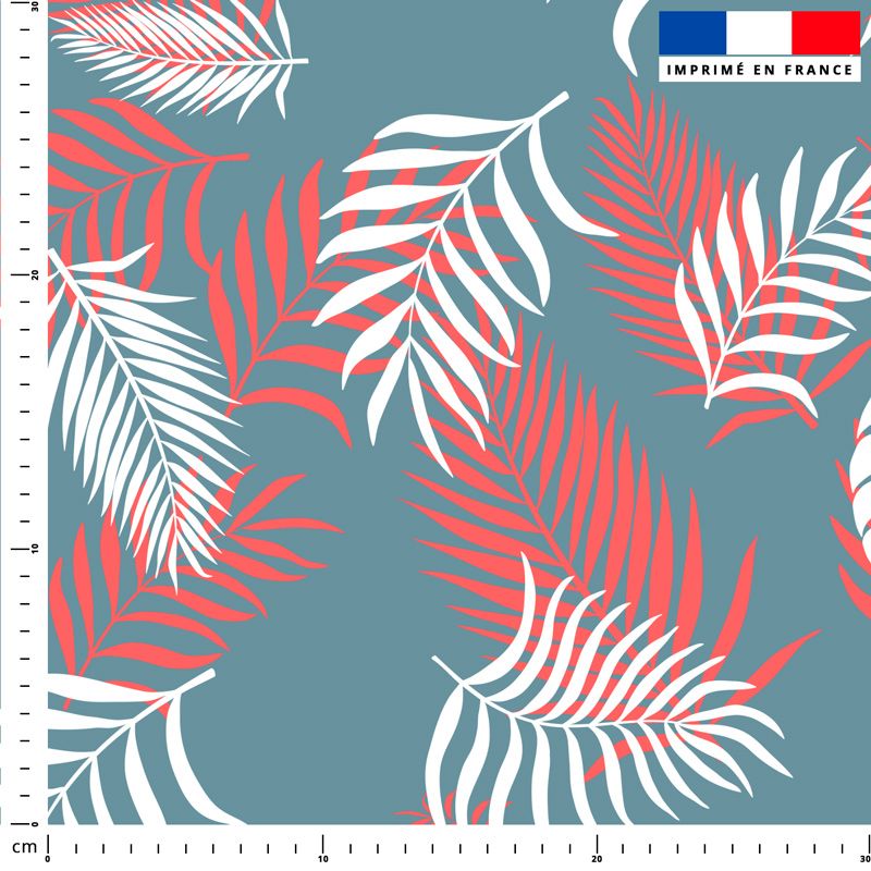 Tissu imperméable motif feuille de palmier corail et bleue