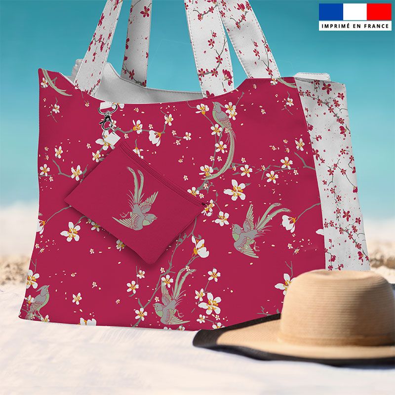 Kit sac de plage imperméable rose framboise motif fleur de cerisier - King size