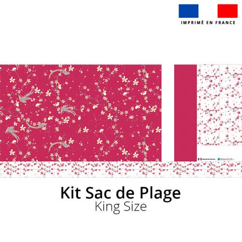 Kit sac de plage imperméable rose framboise motif fleur de cerisier - King size