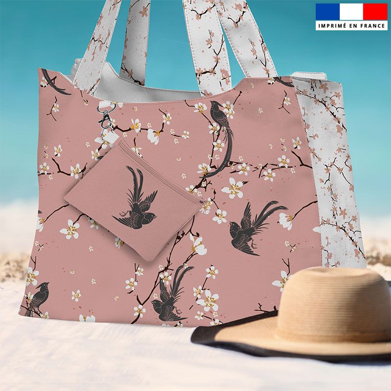 Kit sac de plage imperméable rose motif fleur de cerisier - King size