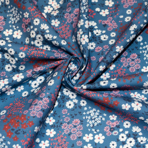 Coton bio bleu turquin motif champs fleuri Oeko-tex
