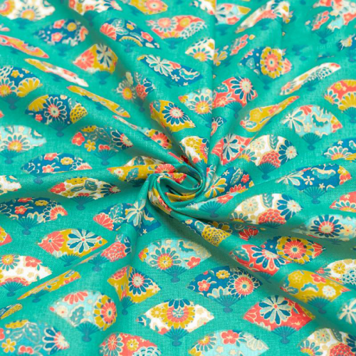 Coton bleu lagon motif éventail japonais