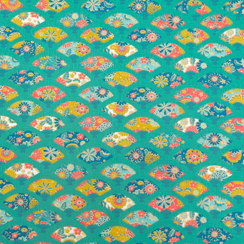 Coton bleu lagon motif éventail japonais